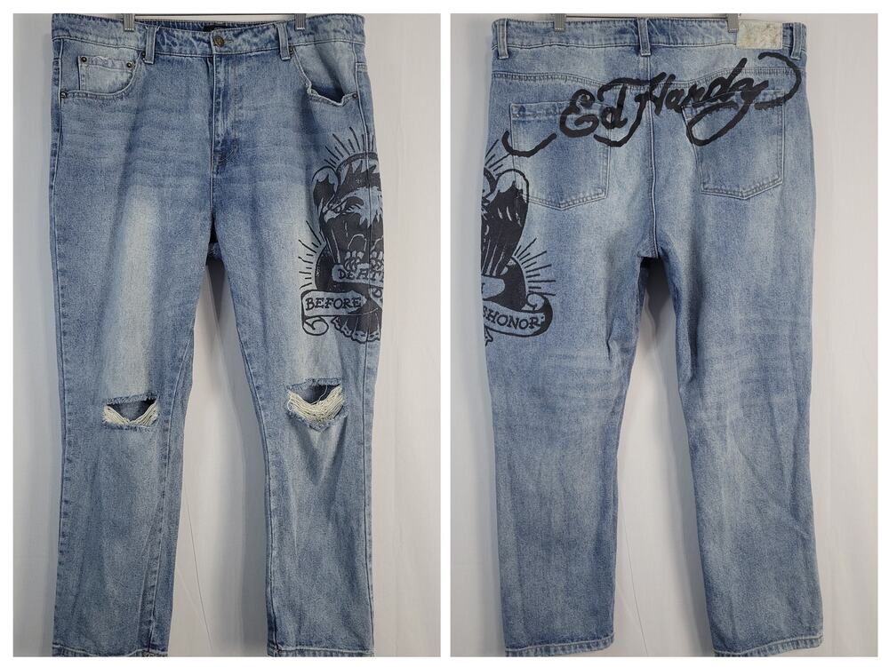 Vintage Ed Hardy Denim Jeans men's sz 40 Blue Black Spell Out Distressed Y2K 29"
